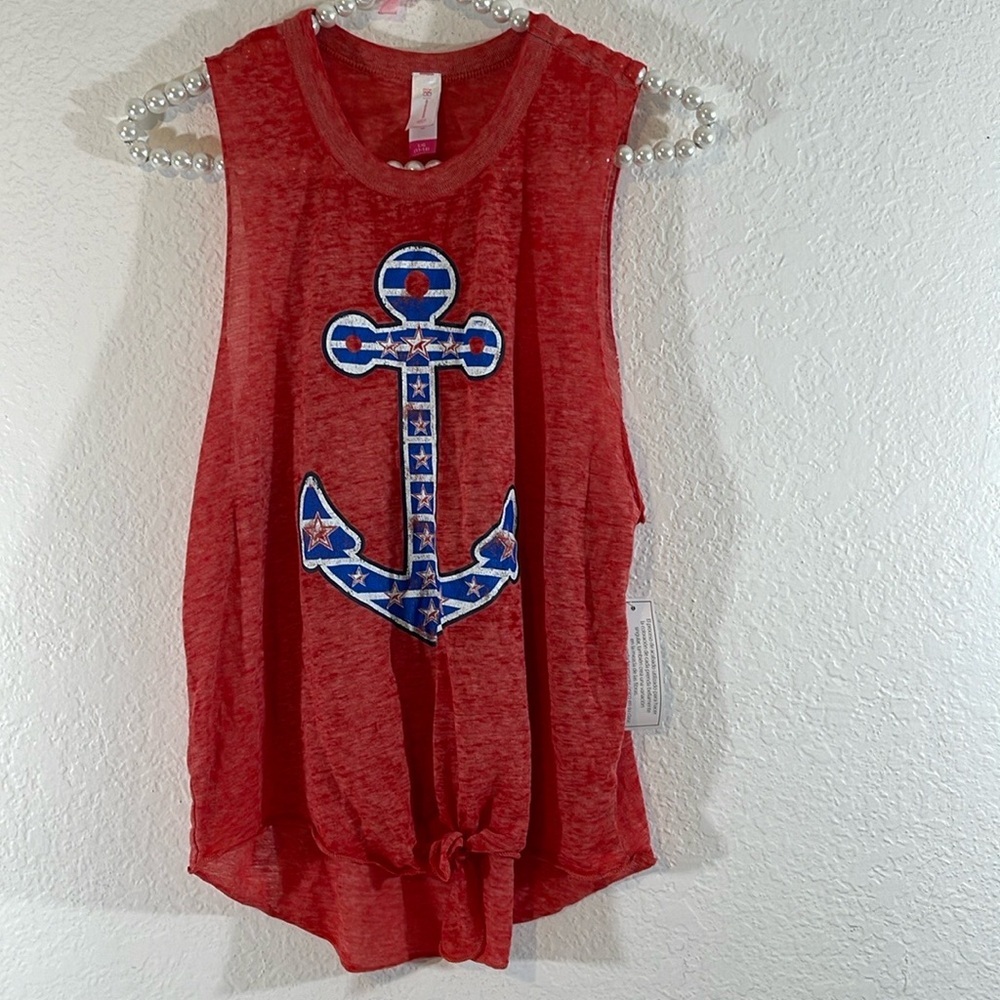 NO BOUNDARIES Junior’s Red Rover Nautical Anchor Tie Hem Tank Top Size L (11/13)